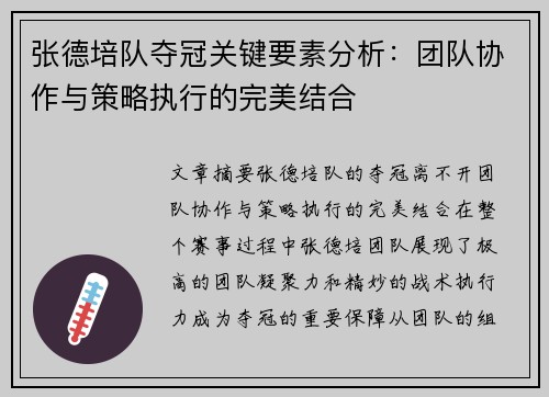 张德培队夺冠关键要素分析:团队协作与策略执行的完美结合 张德培队夺冠关键要素分析:团队协作与策略执行的完美结合