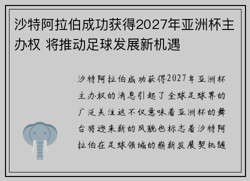 沙特阿拉伯成功获得2027年亚洲杯主办权 将推动足球发展新机遇 沙特阿拉伯成功获得2027年亚洲杯主办权 将推动足球发展新机遇